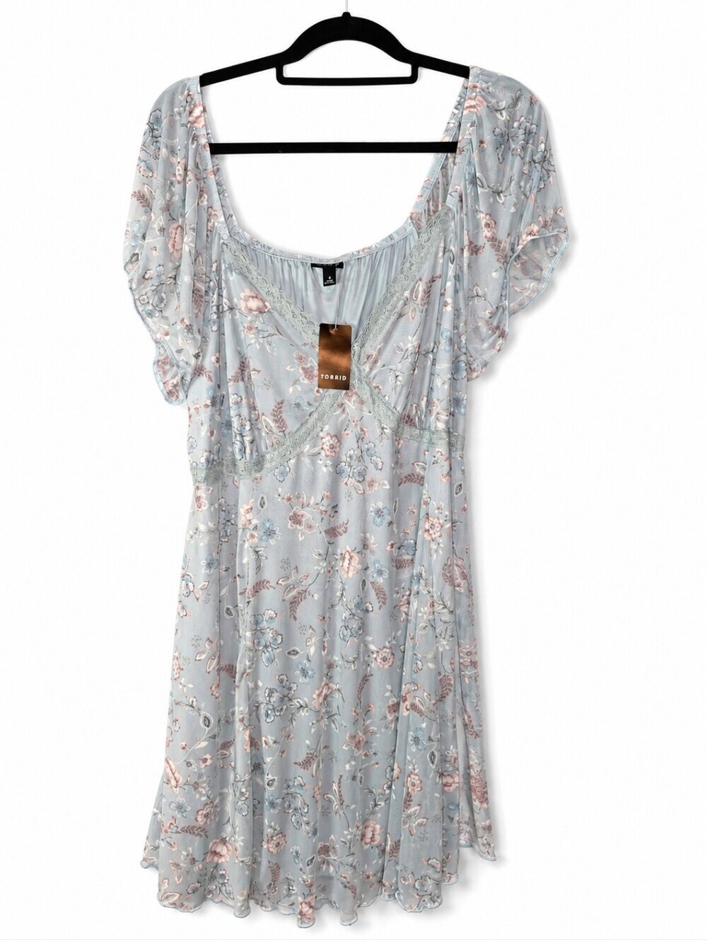 NWT Torrid Floral Mesh Mini Dress Light Blue Flutter Sleeve Size 1 (14-16 Or 1X)